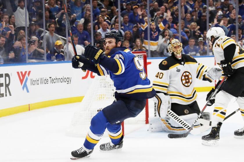 Ryan O'Reilly #90 of the St. Louis Blues celebrates his third period goal at 10:38 against the Boston Bruins in Game Four of the 2019 NHL Stanley Cup Final at Enterprise Center on June 3, 2019 in St Louis, Mo. The Blues won 4-2, tying the series. (Bruce Bennett/Getty Images/TNS) ** OUTS - ELSENT, FPG, TCN - OUTS **