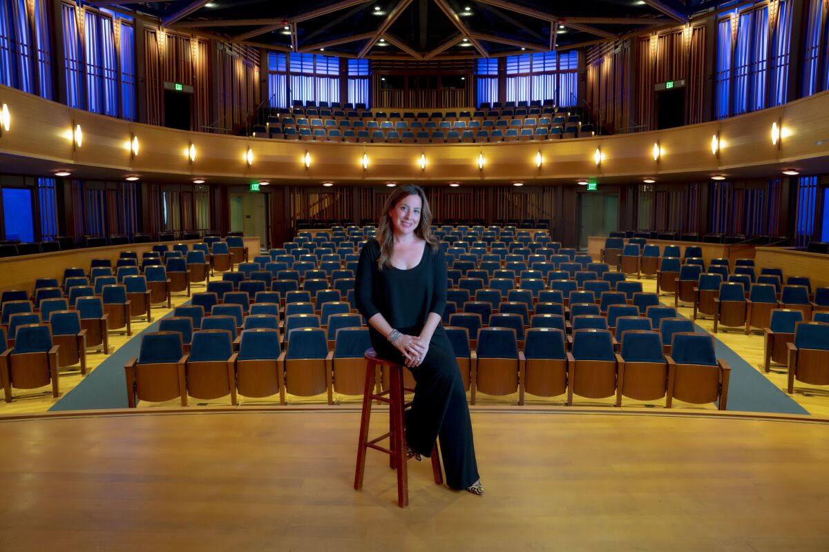 Leah Rosenthal, artistic director of the La Jolla Music Society on stage at the Baker-Baum Concert Hall.