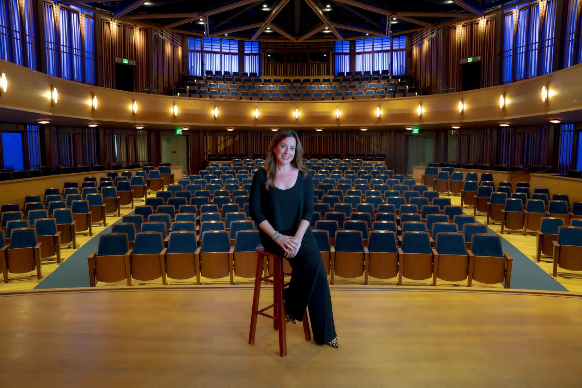 Leah Rosenthal, artistic director of the La Jolla Music Society on stage at the Baker-Baum Concert Hall.   