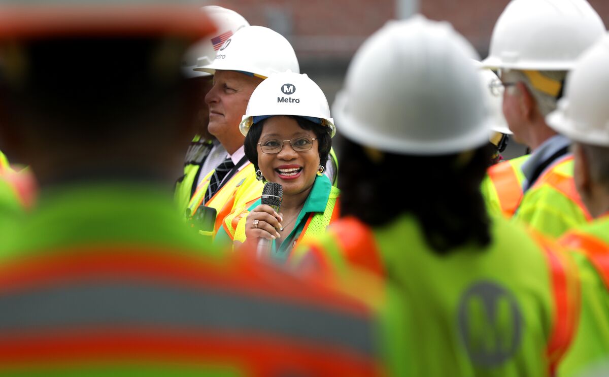 Metro CEO Stephanie Wiggins speaks during a "sneak peek" ride on the new Regional Connector set to open soon.