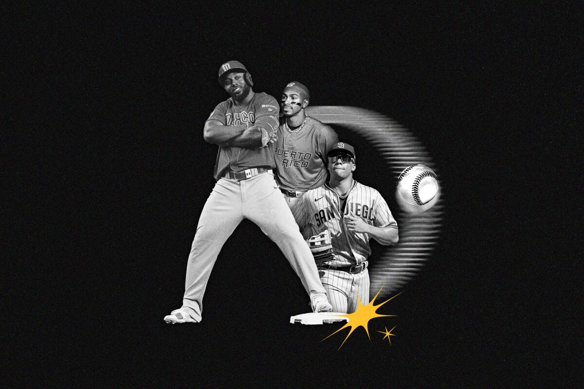 Randy Arozarena, Francisco Lindor, and Juan Soto  with a baseball next to them.