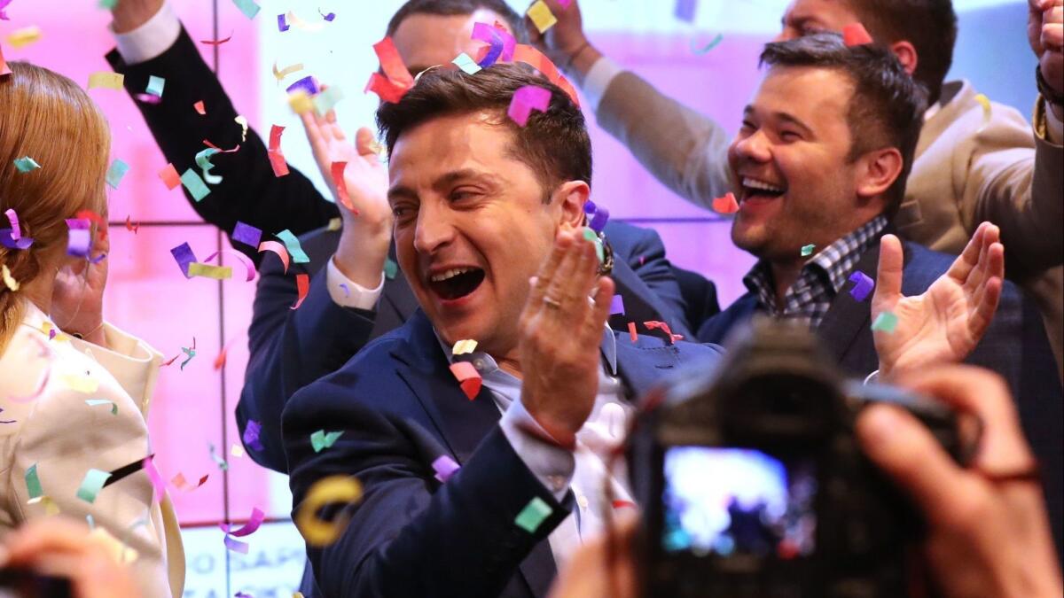 Ukrainian President-elect Volodymyr Zelensky reacts after the announcement of exit polling during the Ukrainian presidential elections in Kiev, Ukraine on April 21.