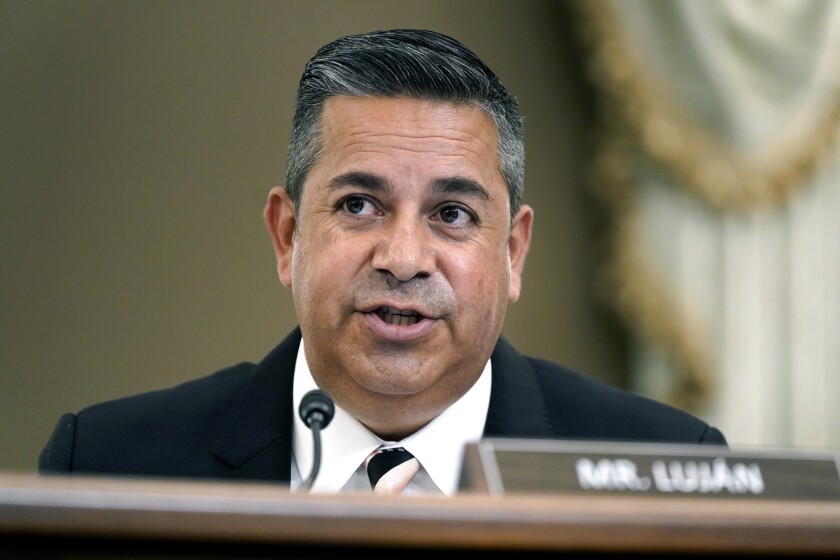 FILE - Sen. Sen. Ben Ray Lujan, D-N.M., speaks during a Senate Commerce, Science and Transportation Subcommittee on Consumer Protection, Product Safety and Data Security hearing on children's online safety and mental health, Sept. 30, 2021, on Capitol Hill in Washington. Democrats control the 50-50 Senate because of Vice President Kamala Harris' tie-breaking vote. With Luján's stroke, his party is outnumbered and can't approve bills or nominations without Republican support. Luján is 49 and Democrats say they expect him back in four to six weeks. (AP Photo/Patrick Semansky, File)