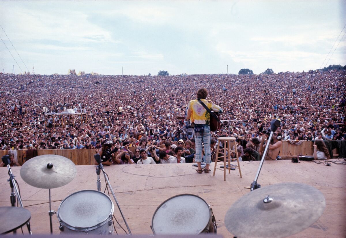 This was the view from the stage during John Sebastian's impromptu performance at the 1969 Woodstock festival, where the audience numbered between 400,000 and 500,000. A majority of the attendees did not have tickets. 