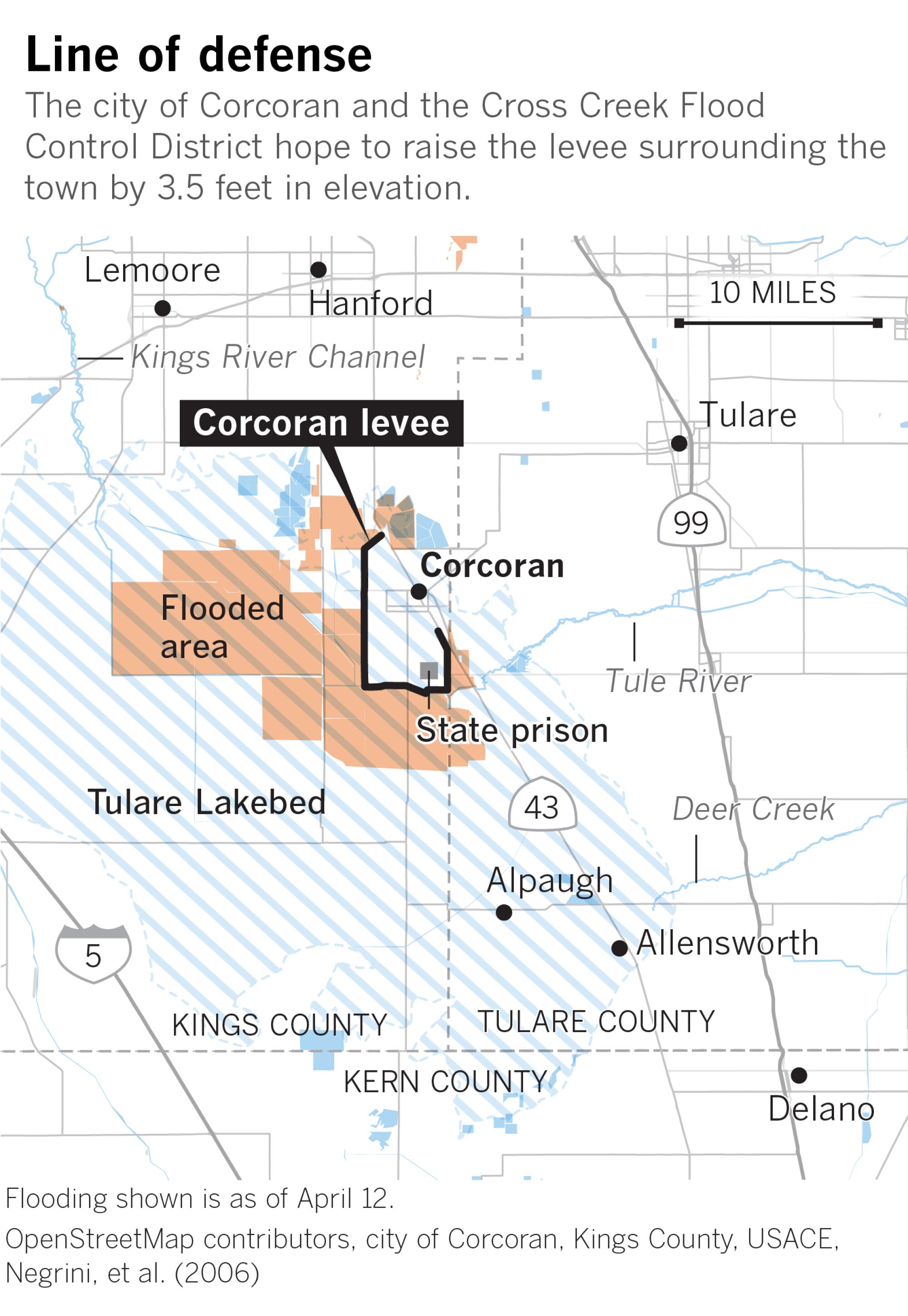 Map of Tulare Lakebed and Corcoran, with its protective levee.