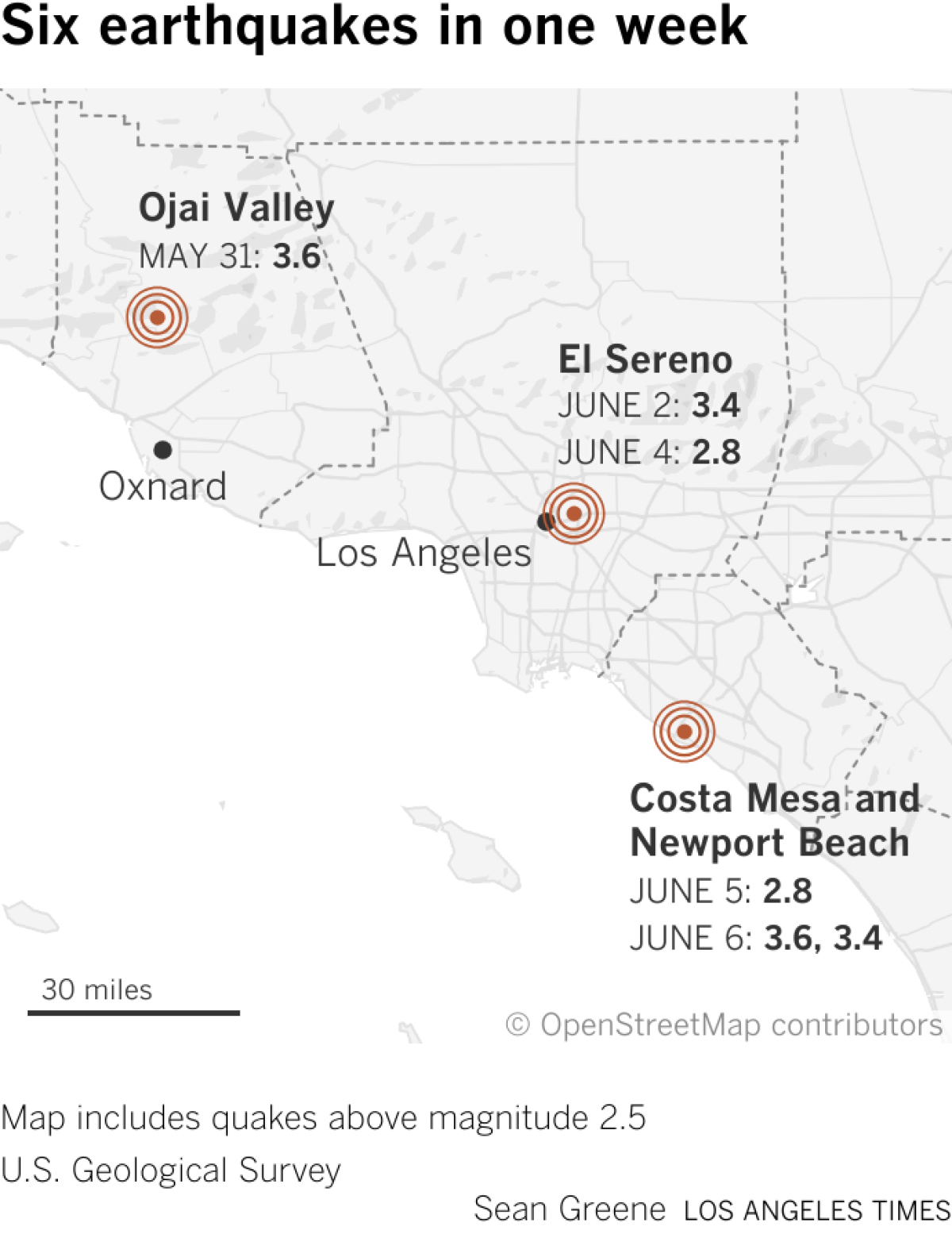 A map shows the locations of six small earthquakes in the Southern California area in just a week's timeframe: in the Ojai Valley of Ventura County, the eastern L.A. neighborhood of El Sereno, and in the Costa Mesa-Newport Beach area of Orange County.