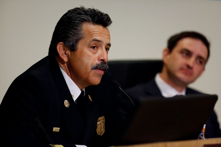 LOS ANGELES, CALIFORNIA-JANUARY 20, 2020: Fire Department chief, Ralph Terrazas speaks during a Fire Commission meeting at City Hall East on January 21, 2020, in Los Angeles, California. It was discussed at the meeting how Mayor Eric Garcetti is falling short in his goal to ensure that the city hires more female firefighters, raising questions about whether women still face barriers and discrimination at the fire department. (Photo By Dania Maxwell / Los Angeles Times)