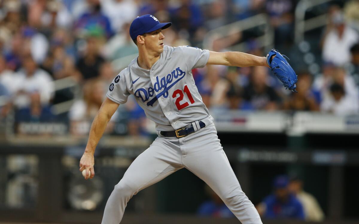 Dodgers pitcher Walker Buehler pitches against the New York Mets.