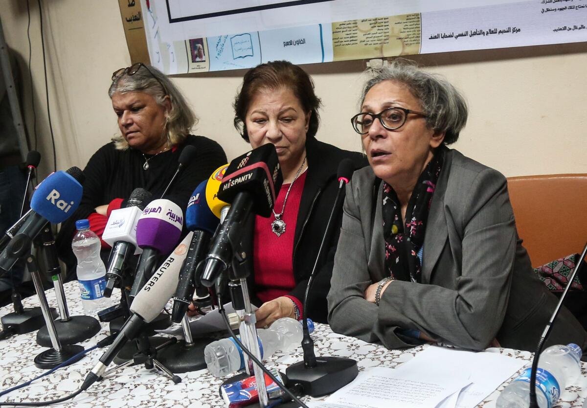 Aida Seif Dawla, from left, Suzan Fayyad and Magda Adly of the El Nadeem Center for Rehabilitation of Victims of Violence, speak at a Cairo news conference after the government attempted to shut down the center on Feb. 21, 2016.