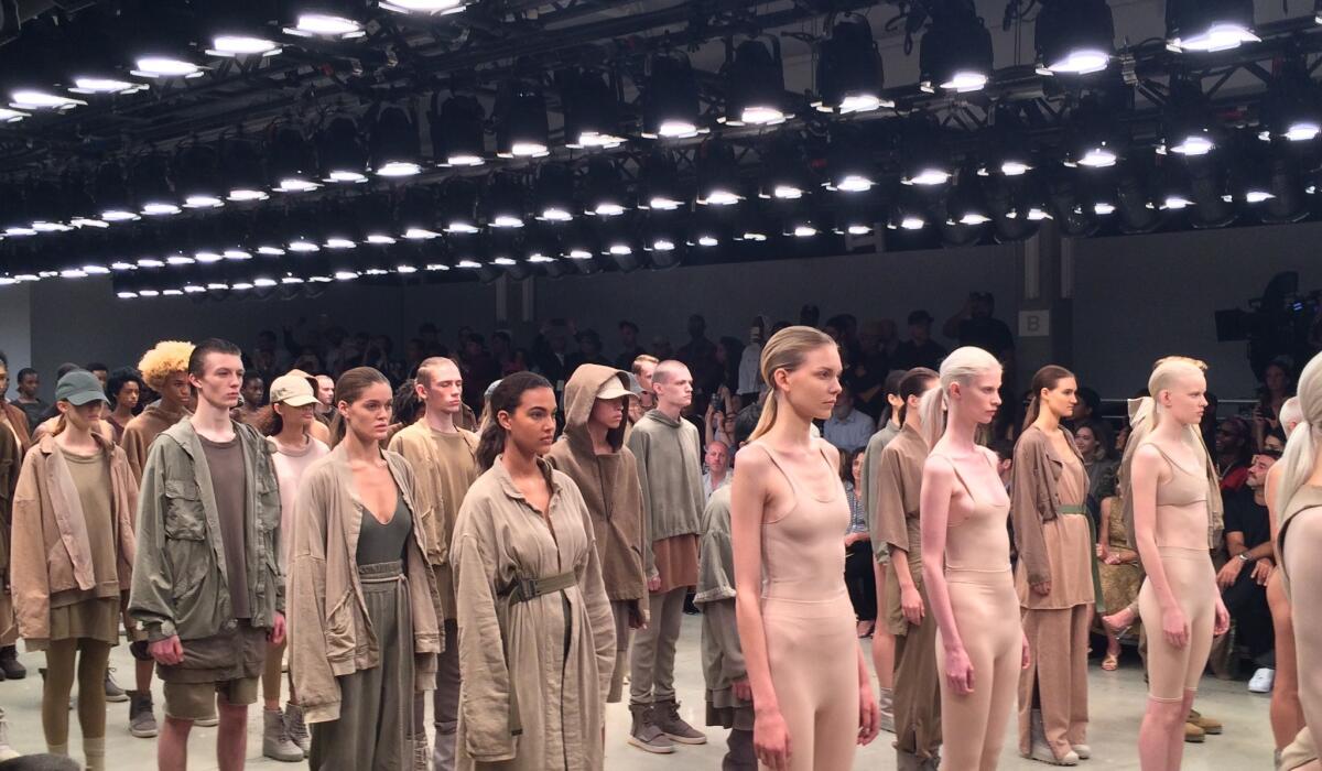 Models display creations from the Kanye West Yeezy collection on Sept. 16 during New York Fashion Week.