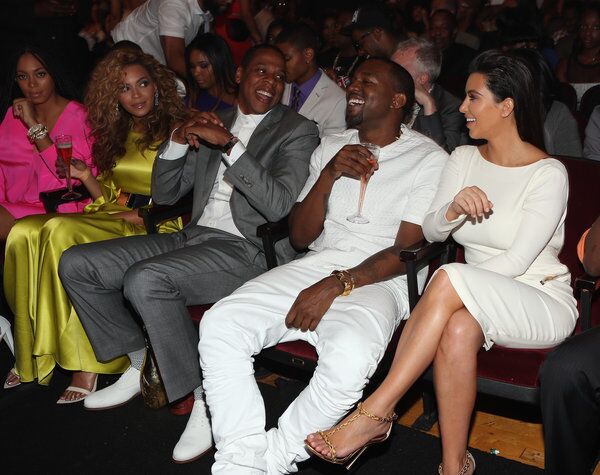 Singer Beyonce, rappers Jay-Z and Kanye West and television personality Kim Kardashian attend the 2012 BET Awards at the Shrine Auditorium on July 1, 2012, in Los Angeles.