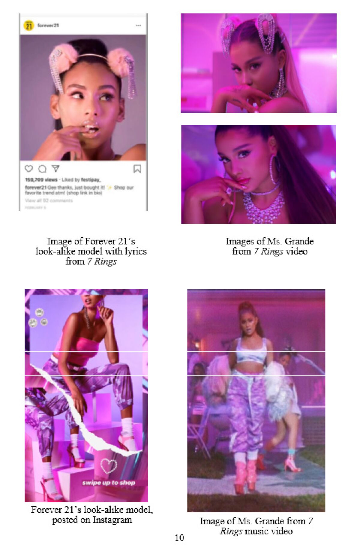 Examples of what the lawsuit says are unauthorized posts depicting singer Ariana Grande published by Forever 21 and Riley Rose.