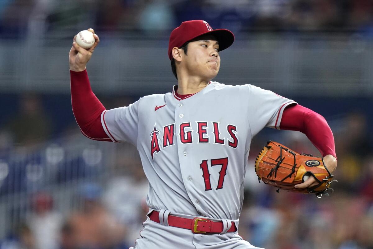Los Angeles Angels starting pitcher Shohei Ohtani (17) throws during the first inning of the team's baseball game against the Miami Marlins, Wednesday, July 6, 2022, in Miami. (AP Photo/Lynne Sladky)