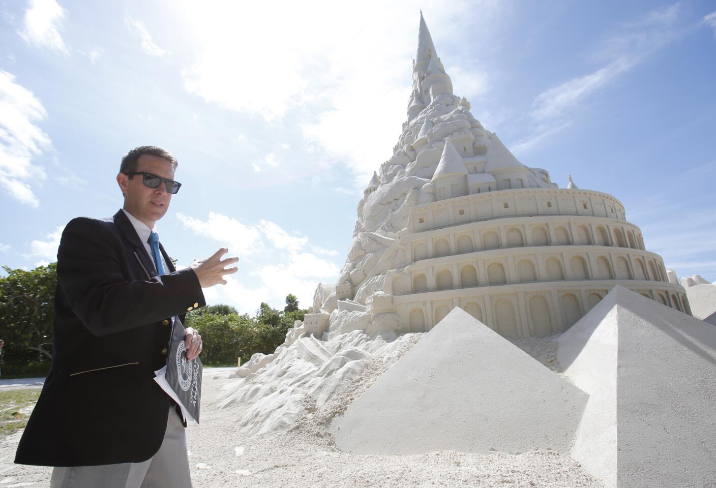 Guinness World Records Limited adjudicator Philip Robertson explains the criteria needed for a record attempt to build the tallest sand castle in 2015 on Virginia Key Beach in Miami. The castle, which was commissioned by Turkish Airlines to highlight their new nonstop service from Miami to Istanbul, rises to a height of 45 ft. 10.25 in.