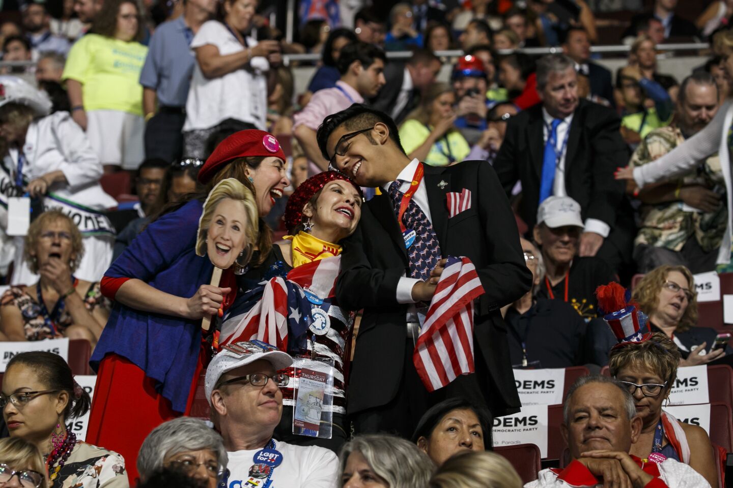 Delegates embrace each other during the 2016 Democratic National Convention in Philadelphia.