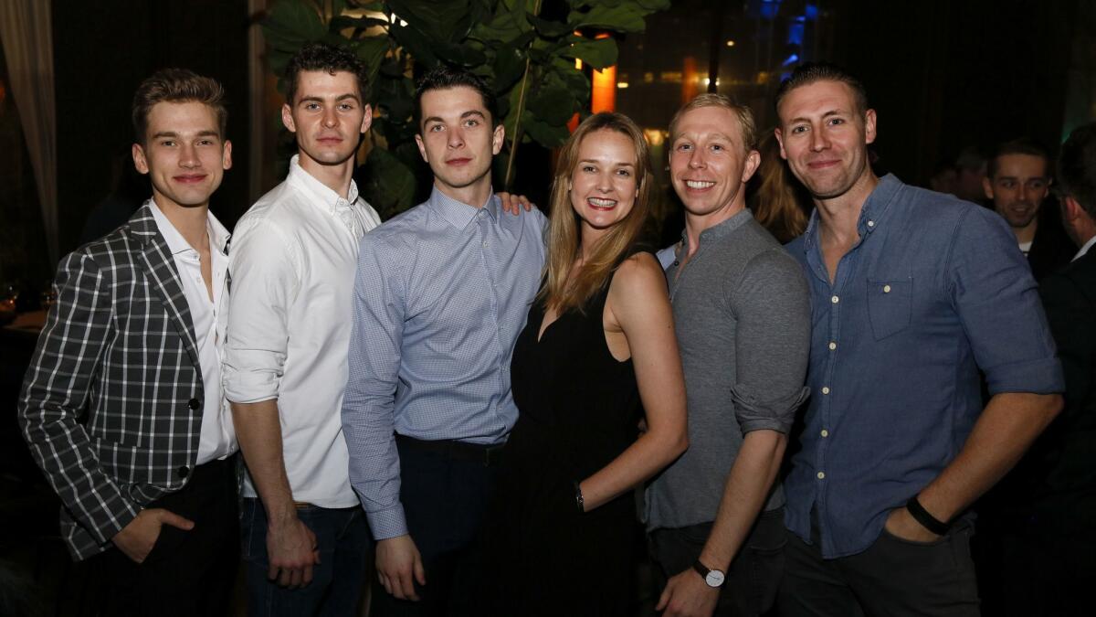 Company members, from left, Jackson Fisch, Matt Petty, Reece Causton, Daisy May Kemp, Danny Reubens and Daniel Wright at the party for the opening night performance of "Cinderella."