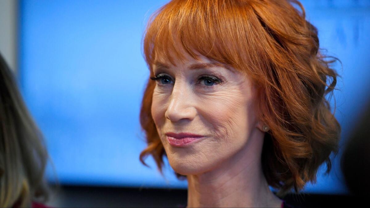 Comedian Kathy Griffin speaks during a news conference in Los Angeles to discuss the backlash since Griffin released a photo and video of her displaying a likeness of President Donald Trump's severed head.