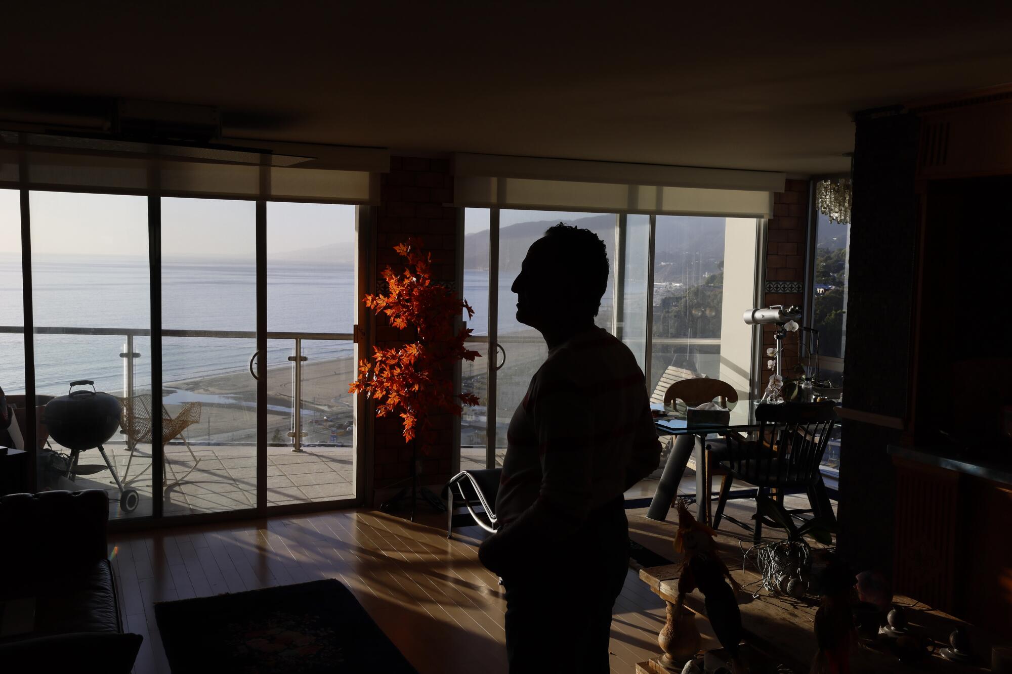 A man is silhouetted in a windowed room with a view of the sea.