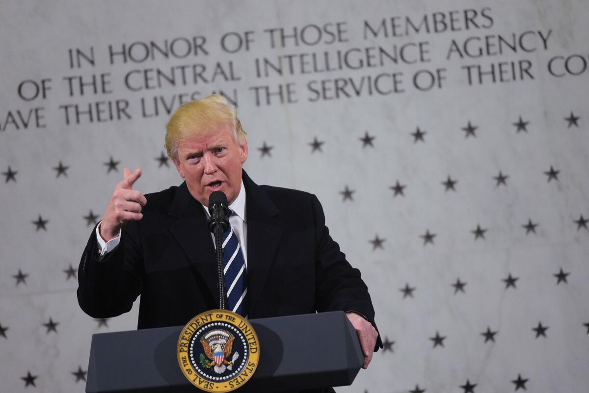 President Trump speaks at CIA headquarters in Langley, Va., on Saturday.