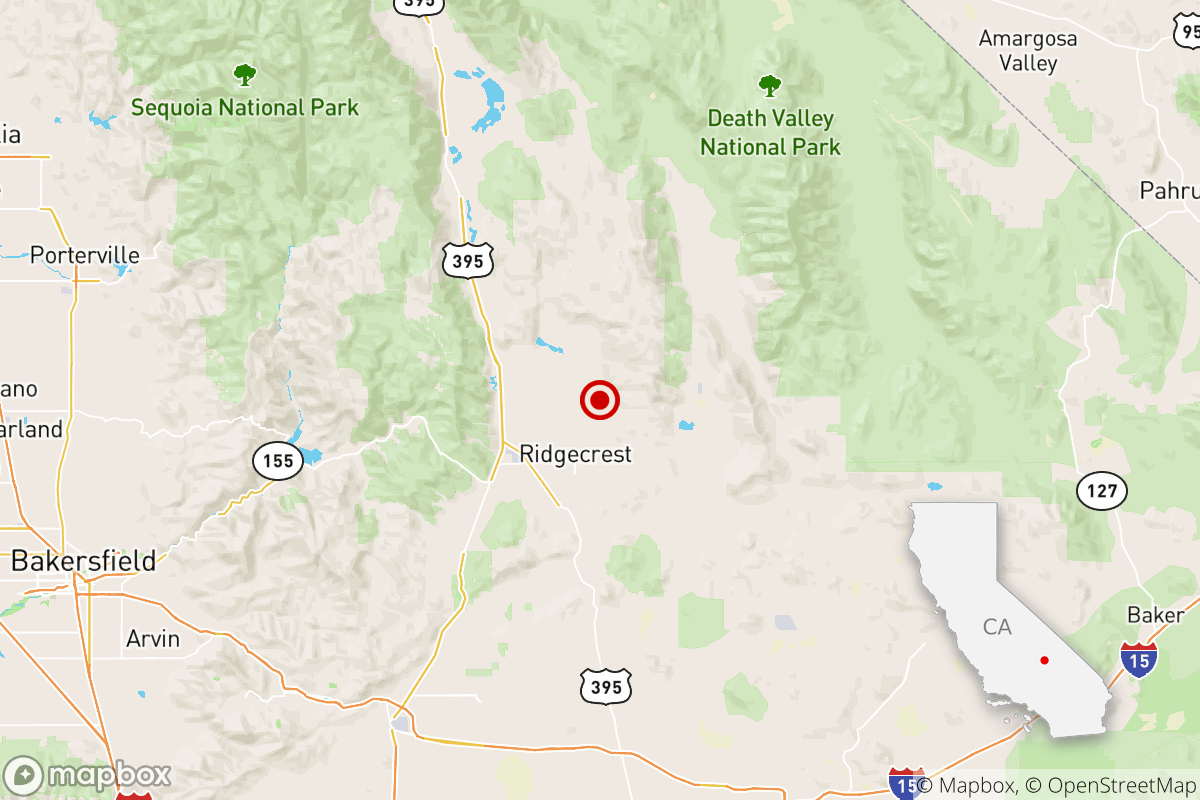 A map showing the epicenter of an earthquake reported seven miles from Ridgecrest, Calif., early Sunday.