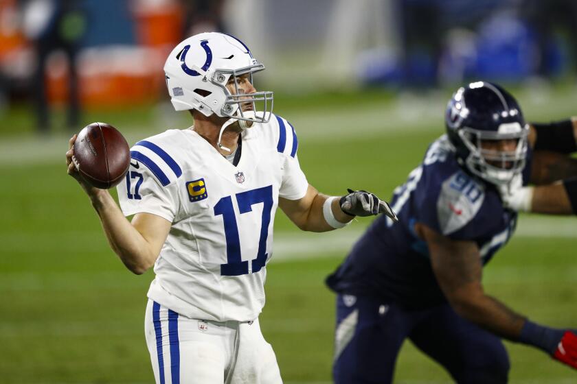 Indianapolis Colts quarterback Philip Rivers (17) passes against the Tennessee Titans in the first half of an NFL football game Thursday, Nov. 12, 2020, in Nashville, Tenn. (AP Photo/Wade Payne)