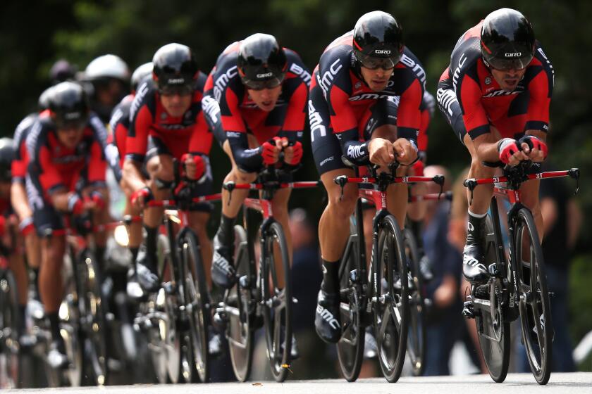 Samuel Sanchez rides in front of his BMC Racing Team teammates during the Tour de France team time trial on Sunday.