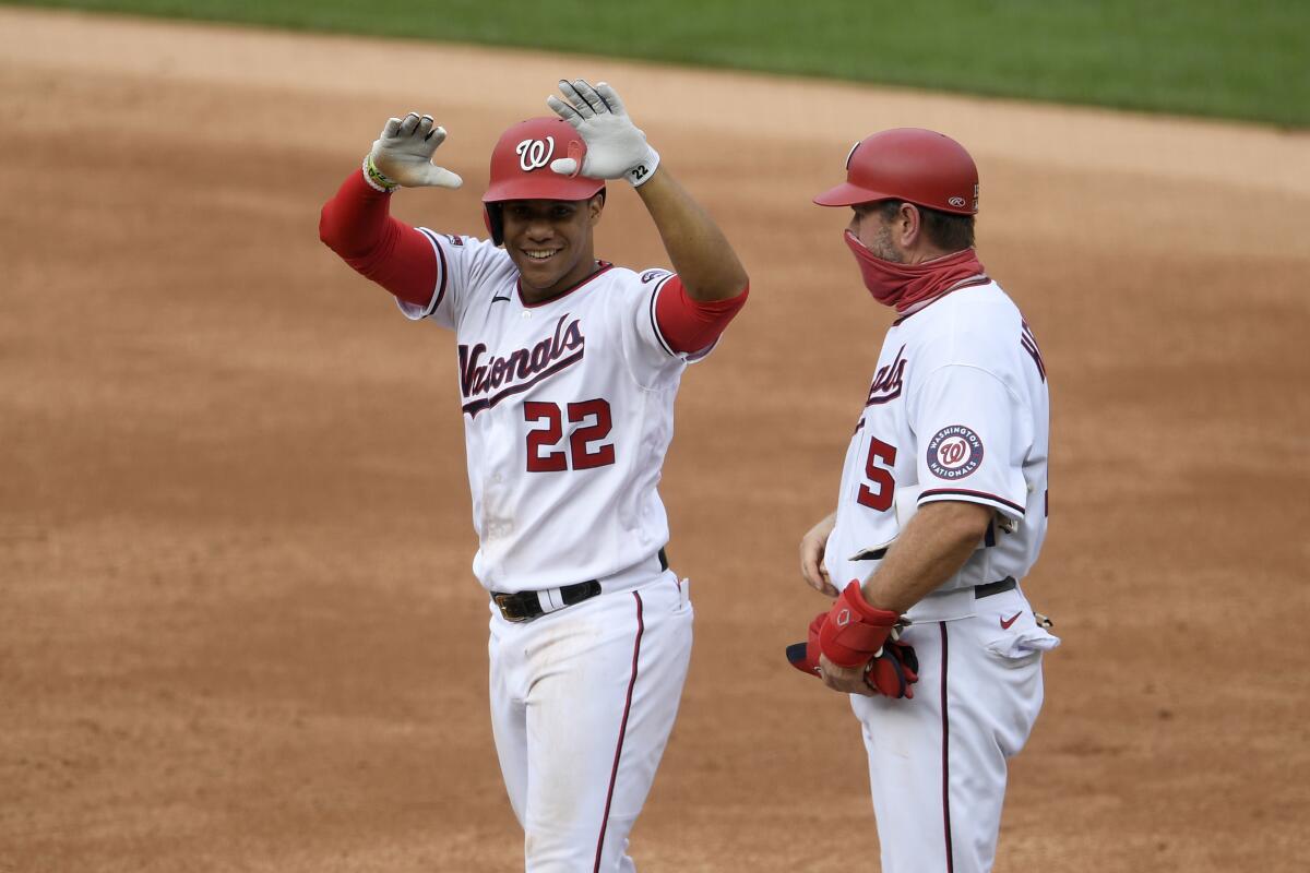 Juan Soto of the Washington Nationals reacts after striking out