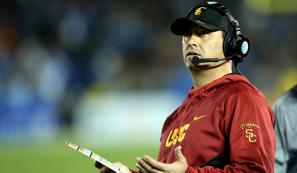 USC Trojans Coach Steve Sarkisian reacts to a call in a 38-20 loss against the UCLA Bruins.