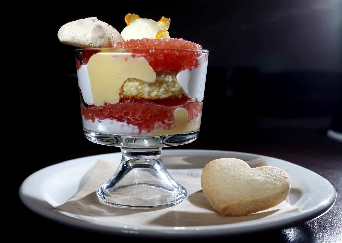 Ruby red grapefruit and Meyer lemon fool with coconut cake, meringue and shortbread hearts.