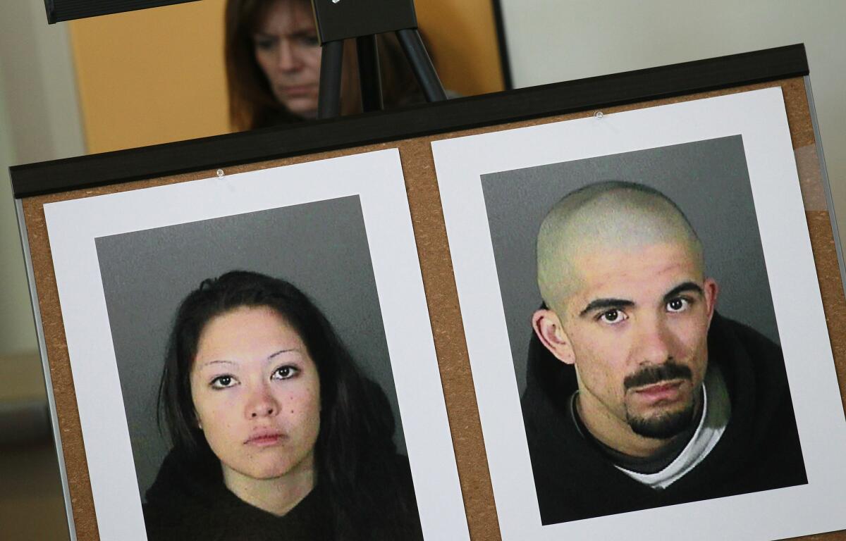 Poster boards show photos of Jason Schumann, right, and Elizabeth Ibarra, left. Schumann was convicted Thursday and faces up to life in prison in the fatal shooting of a high school soccer player.