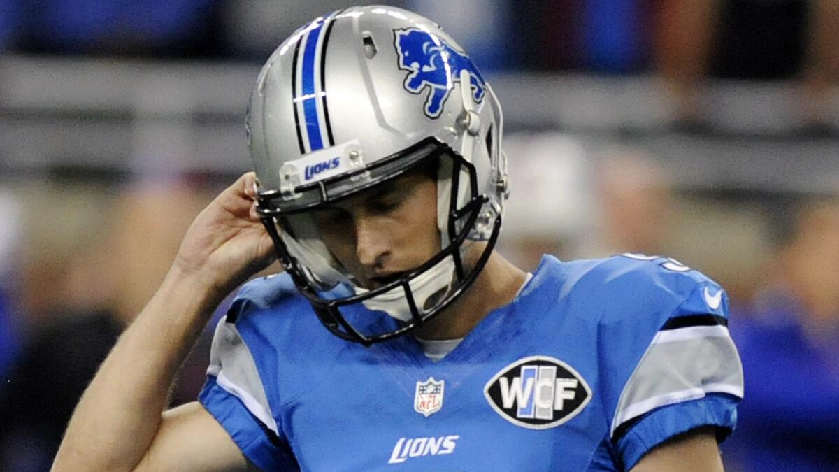 Detroit Lions kicker Alex Henery reacts after missing a 50-yard field goal in the fourth quarter of a 17-14 loss to the Buffalo Bills on Sunday.