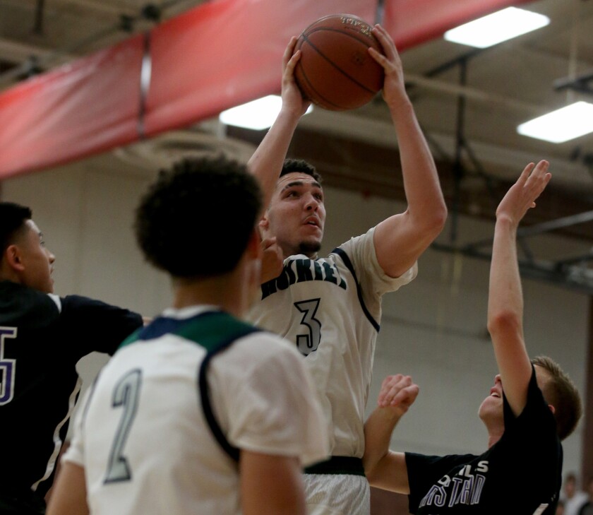 Chino Hills forward LiAngelo Ball puts up a shot against Foothills Christian in the first half of the regonal semifinals on March 15.