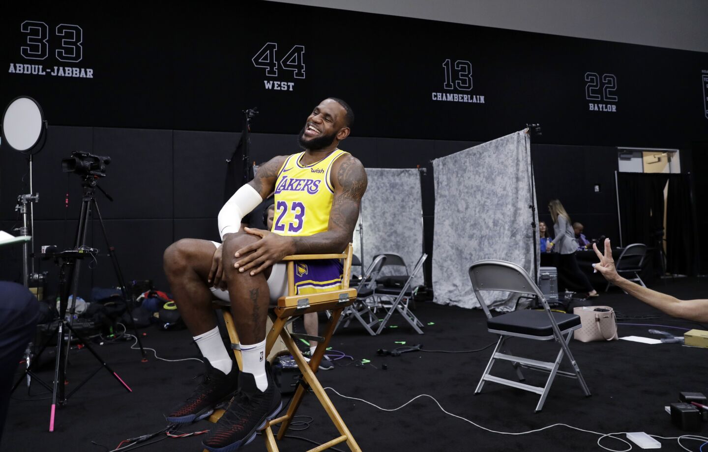 Los Angeles Lakers' LeBron James (23) smiles as he conducts an interview during media day at the NBA basketball team's practice facility Monday, Sept. 24, 2018, in El Segundo, Calif. (AP Photo/Marcio Jose Sanchez)