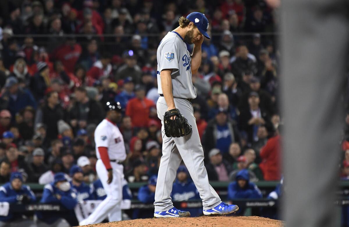 Dodgers' Clayton Kershaw between pitches during Game 1 at Boston on Tuesday night.