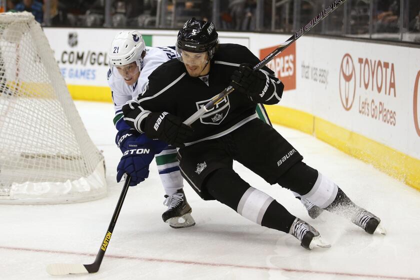 Keaton Ellerby, right, shown battling Vancouver's Mason Raymond, will likely make his second career playoff appearance Tuesday against St. Louis.