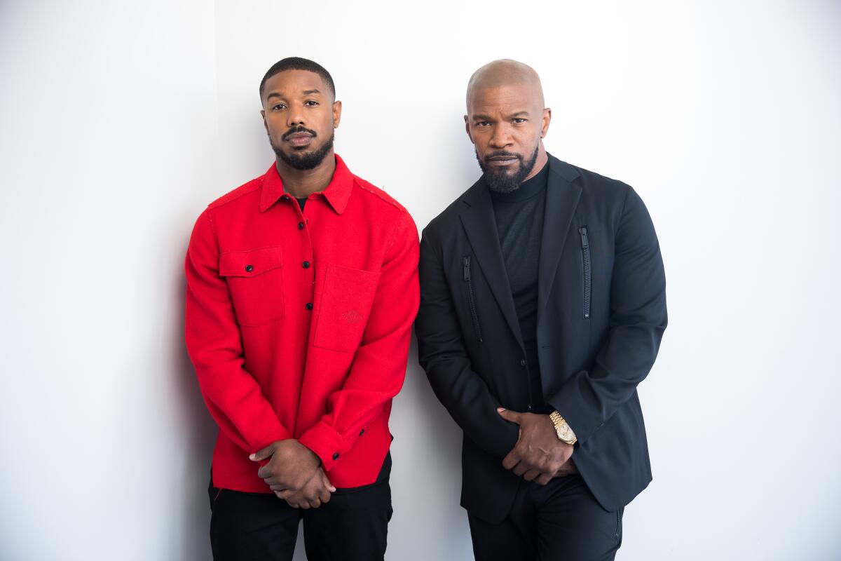 Michael B. Jordan, left, and Jamie Foxx stand for a portrait on Sept. 9, 2019, in New York City. 