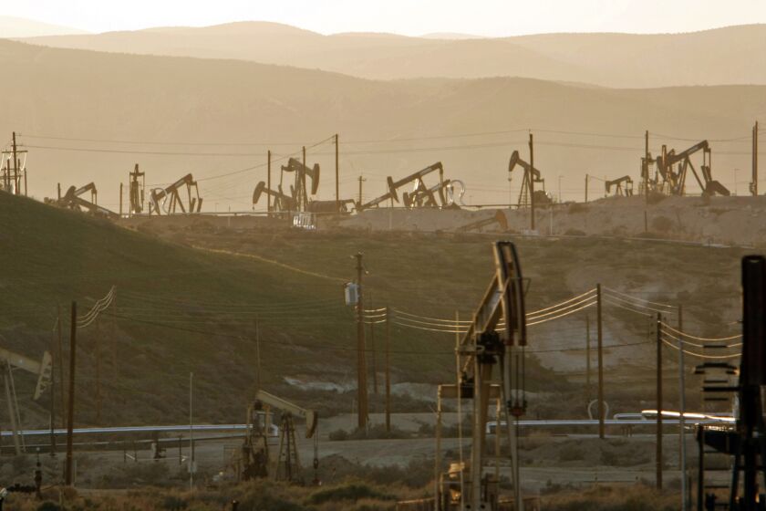 Oil rig pump jacks near Maricopa, Calif., tap into the Monterey shale formation, prime California fracking territory.