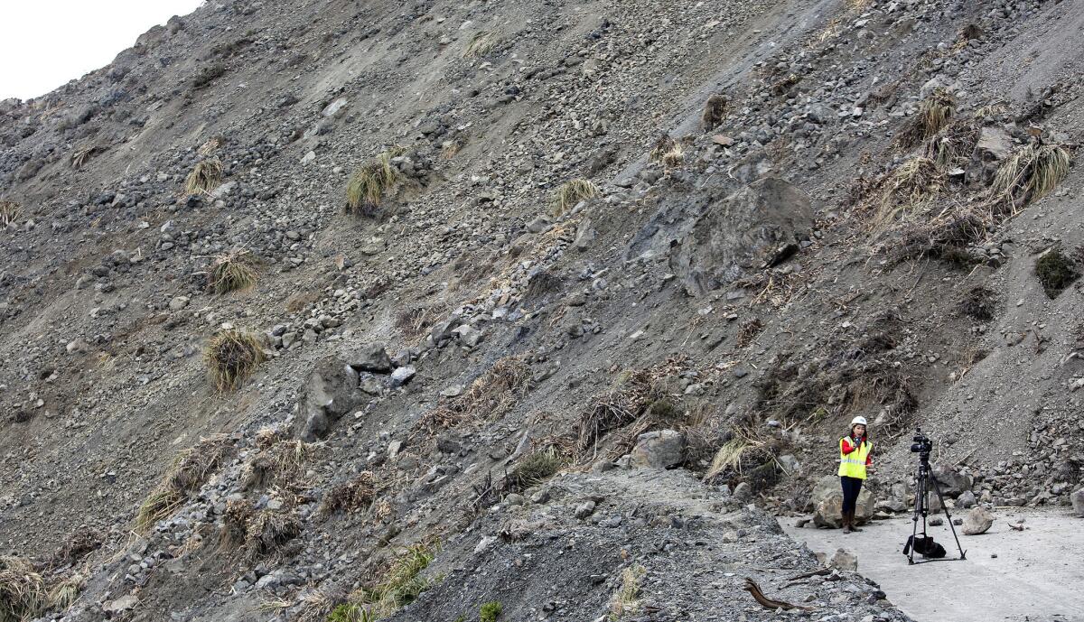 Highway 1 at Mud Creek, where a massive landslide cut off the scenic roadway. It could take a year to reopen. (Brian van der Brug / Los Angeles Times)