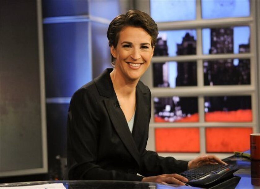 FILE - In this Sept. 23, 2008 file image originally released by MSNBC, Rachel Maddow from MSNBC's "The Rachel Maddow Show," is shown. As Keith As Olbermann prepares for his debut on Current TV Monday night, the MSNBC he left behind has survived; its boss says it has thrived. The prime-time focus on left-of-center political talk show hosts remains. Rachel Maddow, once Olbermann's protege, has taken over as the network's marquee name. (AP Photo/MSNBC, Ali Goldstein) ARCHIVE OUT, NO SALES, FOR EDITORIAL USE ONLY