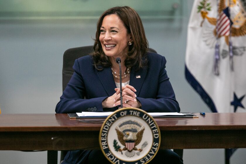 LOS ANGELES, CA - JUNE 06: Vice President, Kamala Harris, host a roundtable with faith leaders on reproductive health care rights at the Los Angeles County Federation of Labor on Monday, June 6, 2022 in Los Angeles, CA. (Jason Armond / Los Angeles Times)