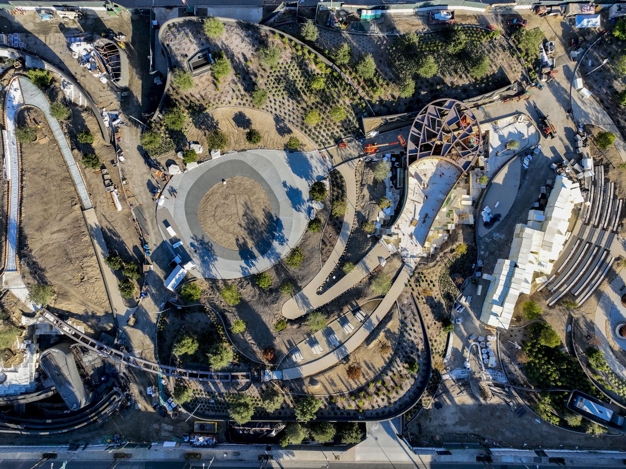 Aerial view of the park area adjacent to the Lucas Museum of Narrative Art under construction