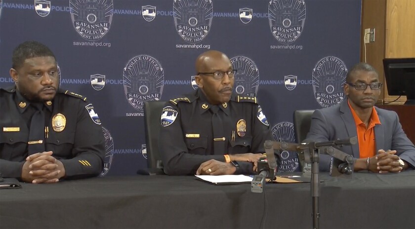 Savannah Police Chief Roy Minter holds a news conference on Saturday, June 12, 2021 in Savannah, Ga. Officials say a 20-year-old was killed by gunfire in a mass shooting that also injured eight others, including an 18-month-old toddler and a 13-year-old, late Friday at an apartment complex. No suspects have been arrested. (WSAV via AP)
