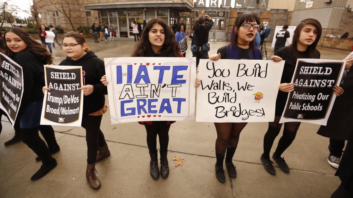 A new UCLA study says students are feeling more anxiety in the President Trump era. Here, Arleta High School students protest Trump's inauguration in January.