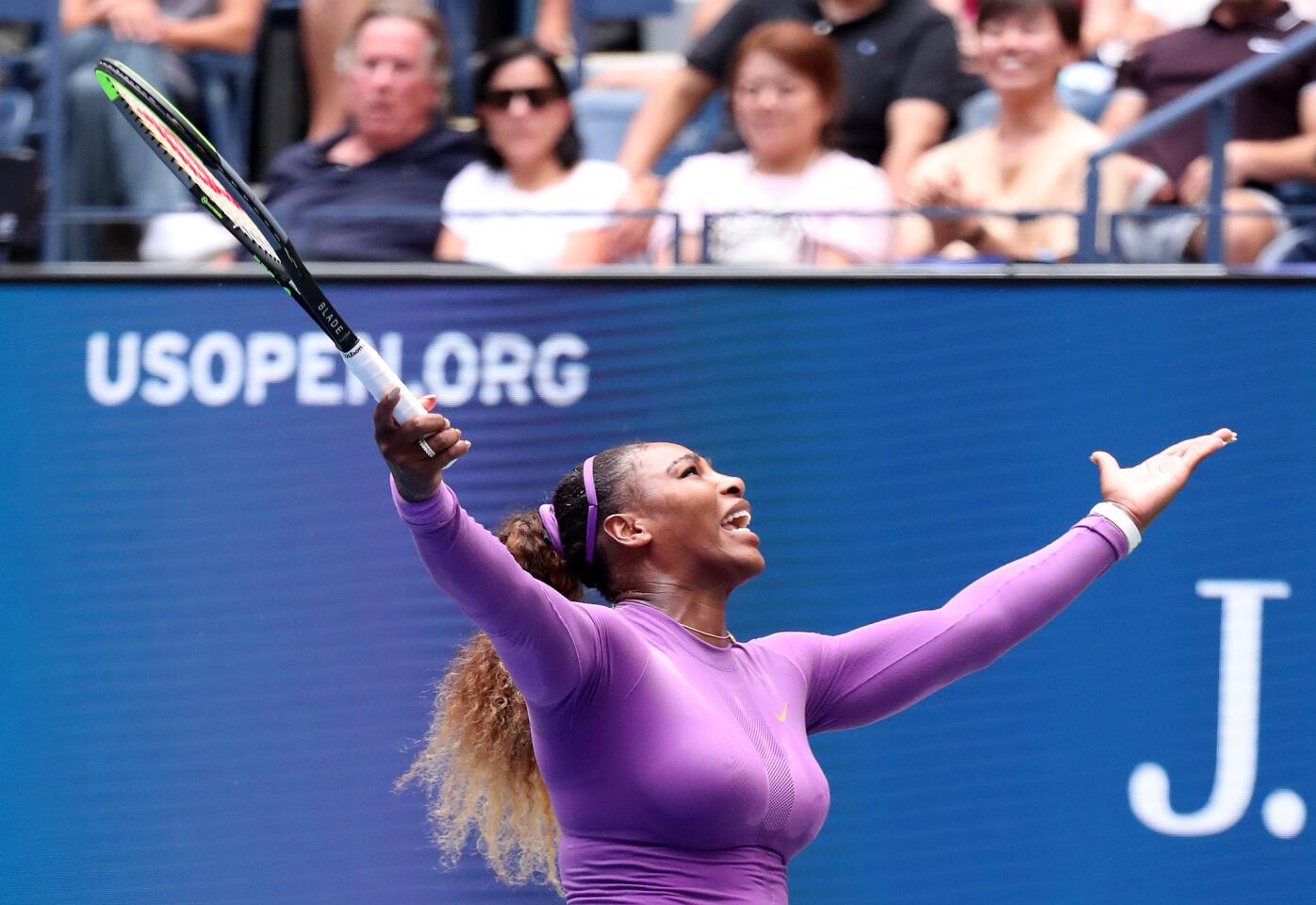 Serena Williams reacts during her Women's Singles third round match against Karolina Muchova in the 2019 U.S. Open in Arthur Ashe Stadium inside the Billie Jean King National Tennis Center on Aug. 30, 2019, in Queens. Williams defeated Muchova advancing to the fourth round.