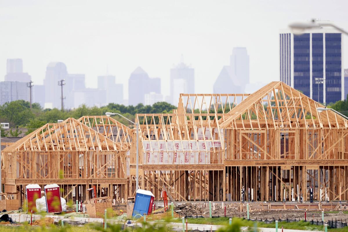 The frame of new home under construction in North Dallas on April 15, 2021. 
