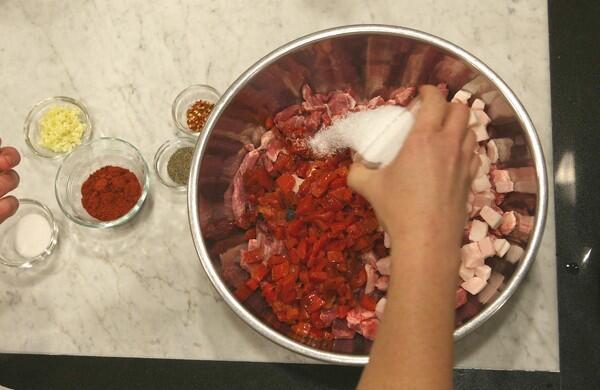 Combine lamb, back fat, salt, sugar, pepper flakes, garlic, roasted pepper, black pepper, paprika and oregano.