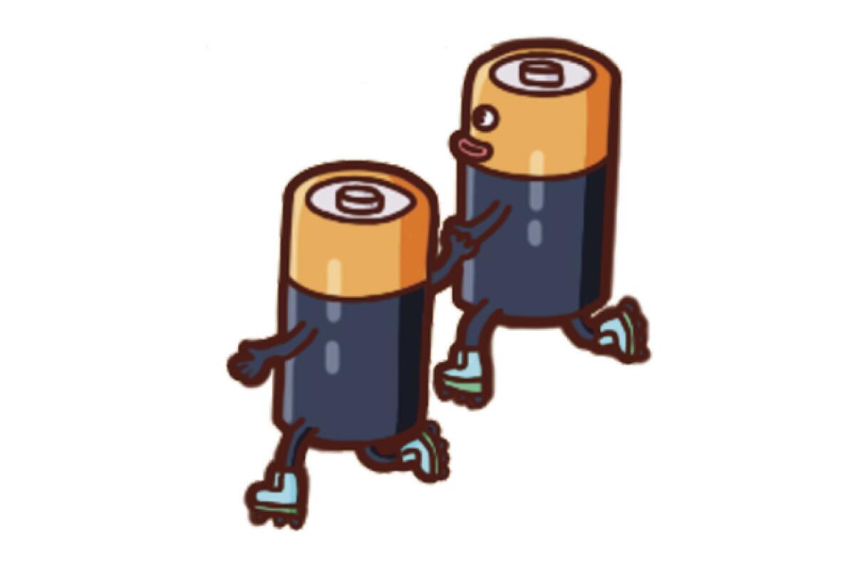 An illustration of two batteries holding hands and running