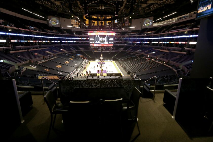 LOS ANGELES, CA. - JAN. 7, 2021. A darkened and empty bar and lounge at Staples Center in Los Angeles on Thursday, Jan. 7, 2021. (Luis Sinco/Los Angeles Times)