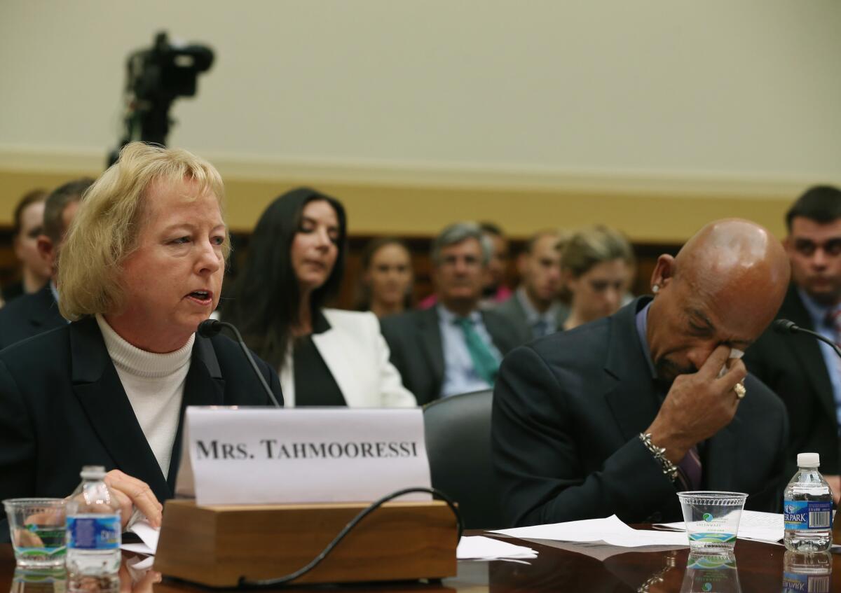 Jill Tahmooressi and Montel Williams at a congressional hearing concerning her son, a Marine reservist jailed in Mexico on weapons charges.