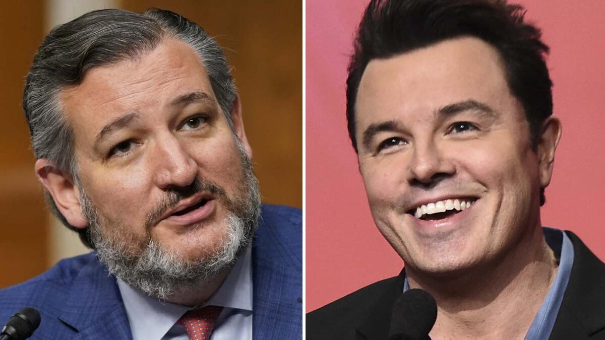 Separate photos of Sen. Ted Cruz, left, and TV's Seth MacFarlane speaking and smiling.